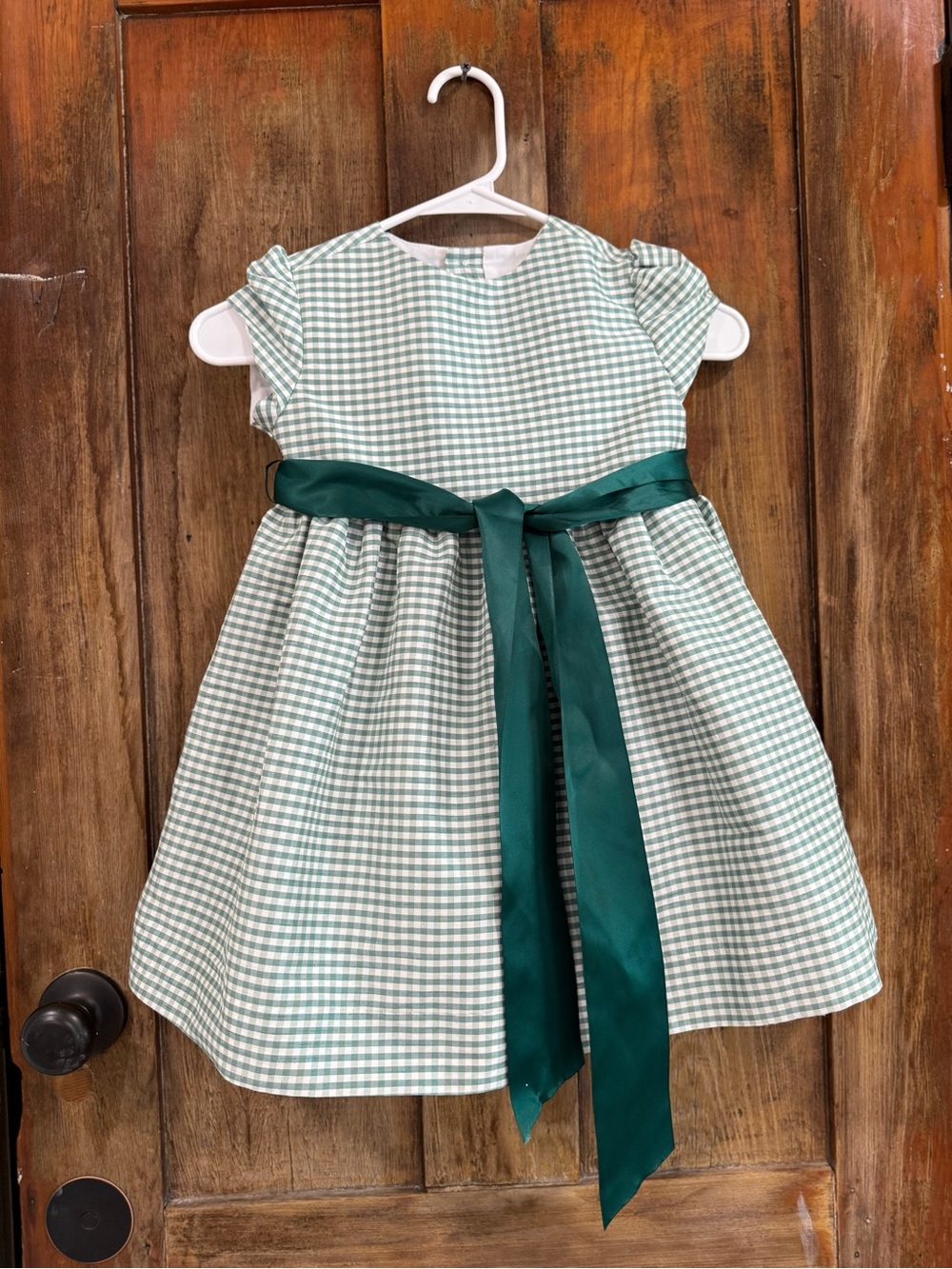 Green Gingham Girls' Dress with Emerald Sash